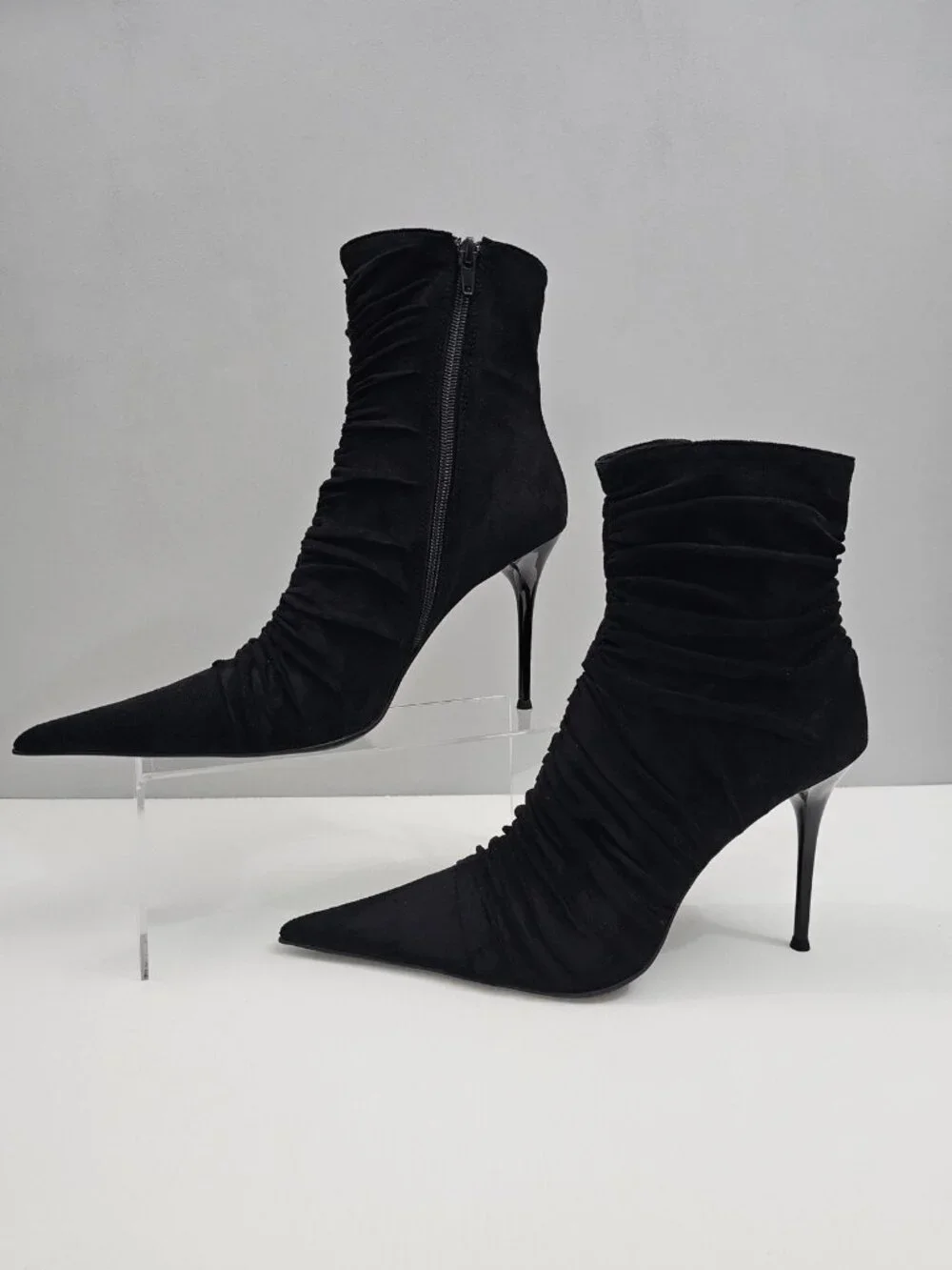 Jeffrey Campbell Lets Go Ankle Boot 9 Black Ruched Pointed Toe Stiletto Heel NEW